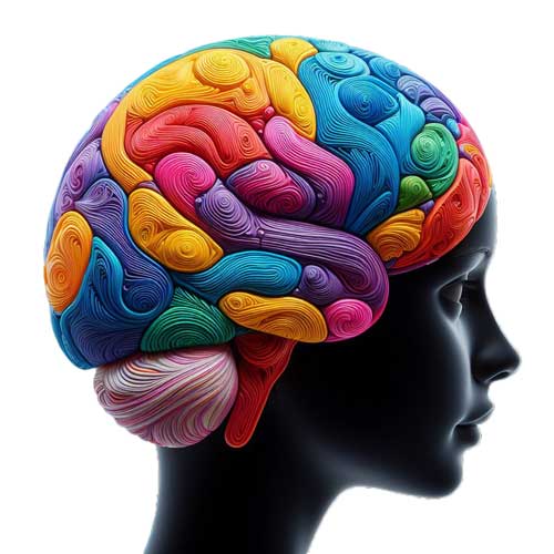 Cervello umano visto di lato con aree evidenziate in vari colori. Le aree evidenziate corrispondono a quelle associate all'ADHD, come la corteccia prefrontale, il sistema striatale e il talamo. Ogni area ha una legenda che ne spiega la funzione e il collegamento con l'ADHD. L'immagine è scientificamente accurata e facile da comprendere.