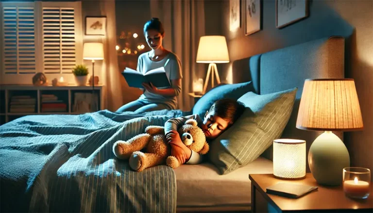 Bambino che dorme serenamente Famiglia che legge un libro prima di andare a letto Ambiente di sonno confortevole per bambini Diagramma del ritmo sonno-veglia