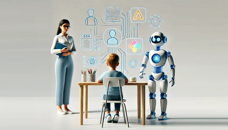 Bambino con difficoltà di apprendimento (DSA) seduto a una scrivania, supportato da un educatore e un robot che utilizzano strumenti digitali per l'apprendimento personalizzato