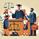 Illustrazione in stile flat di un tribunale con un giudice che emette una sentenza inclusiva sui diritti educativi di una studentessa con DSA