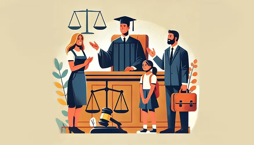 Illustrazione in stile flat di un tribunale con un giudice che emette una sentenza inclusiva sui diritti educativi di una studentessa con DSA