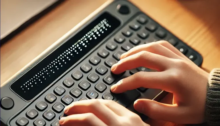 Mani di un bambino di 10 anni che utilizza una tastiera con display braille, un ausilio tecnologico per persone con disabilità visive.