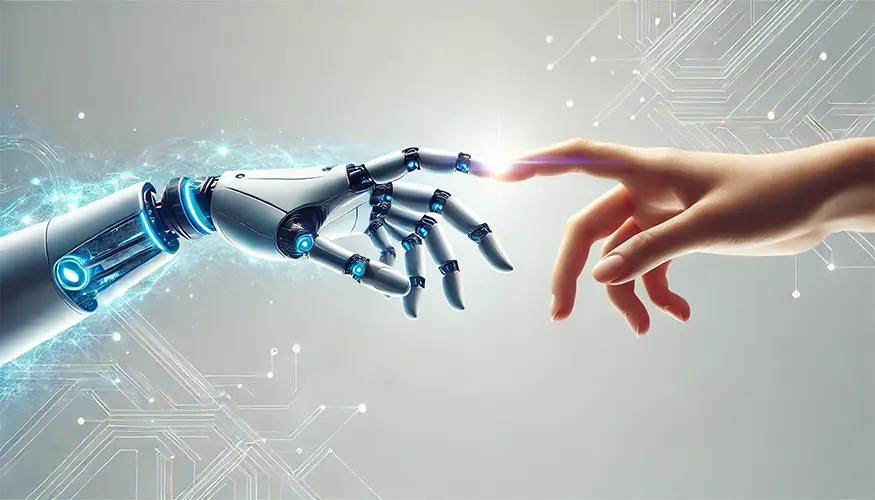 Mano robotica e mano umana che si toccano, simbolo di connessione tra intelligenza artificiale e umanità.