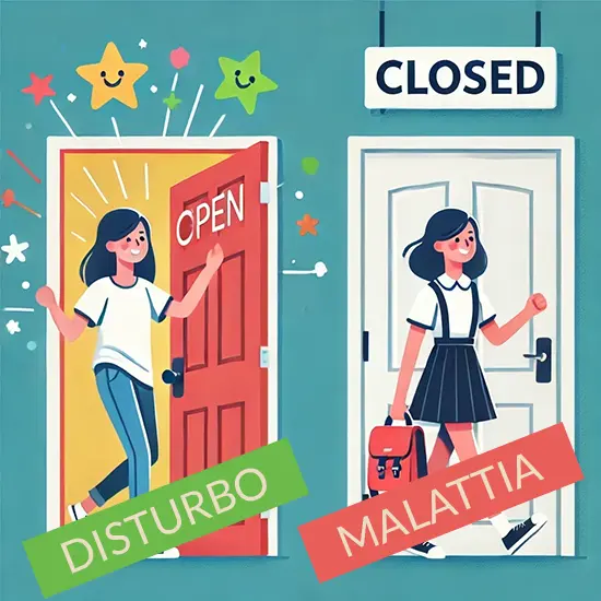 Illustrazione che mostra due porte: una aperta con scritto "Disturbo" e una chiusa con scritto "Malattia", con due ragazze che rappresentano la differenza tra i due concetti.