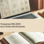 Scrivania con laptop, libri e quaderni aperti, con matite e strumenti di studio, rappresentando l'argomento dell'Indennità di Frequenza DSA 2025.