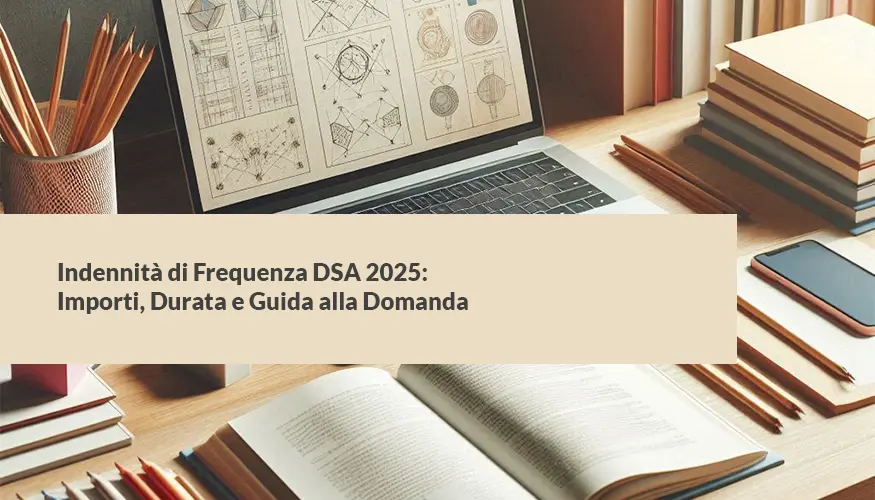 Scrivania con laptop, libri e quaderni aperti, con matite e strumenti di studio, rappresentando l'argomento dell'Indennità di Frequenza DSA 2025.