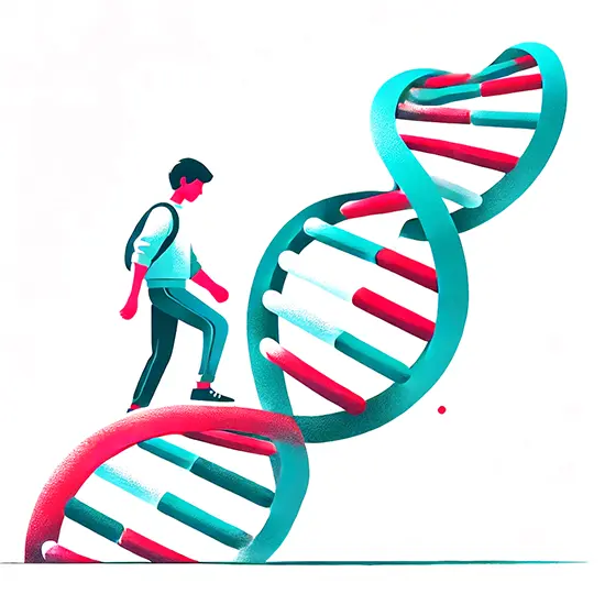 Illustrazione di un ragazzo che cammina su una doppia elica di DNA, simbolo del legame tra genetica e ADHD.