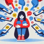 Illustrazione di una ragazza triste e isolata circondata da smartphone con emoji negativi e icone di allarme, rappresentazione visiva del cyberbullismo.