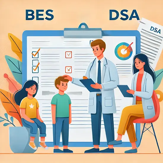 Illustrazione di un medico e un'educatrice che valutano due bambini per distinguere tra BES e DSA, con una checklist e documenti di certificazione