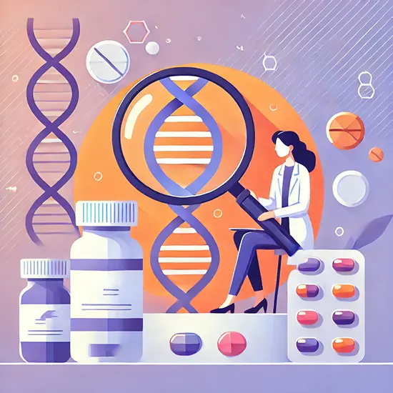 Illustrazione di una ricercatrice che analizza una doppia elica di DNA con una lente d'ingrandimento, circondata da farmaci e pillole, simbolo della ricerca sui trattamenti per l'ADHD.