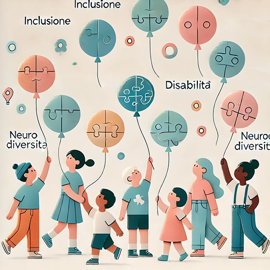 Illustrazione bambini con palloncini inclusione, diversità, disabilità e neurodiversità